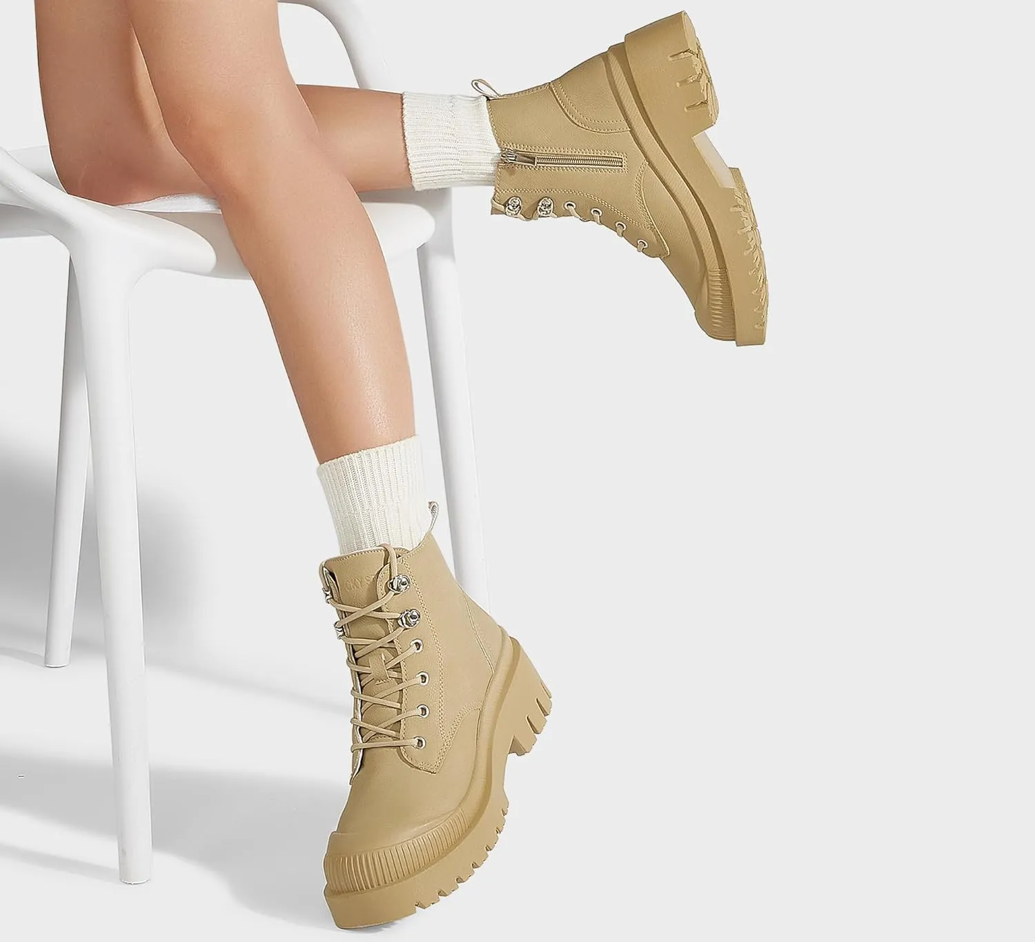 LUCKY STEP Women's Platform Ankle Boots Zipper Fashion Combat Thick Lug Sole Durable Chunky Wedge Booties Shoes