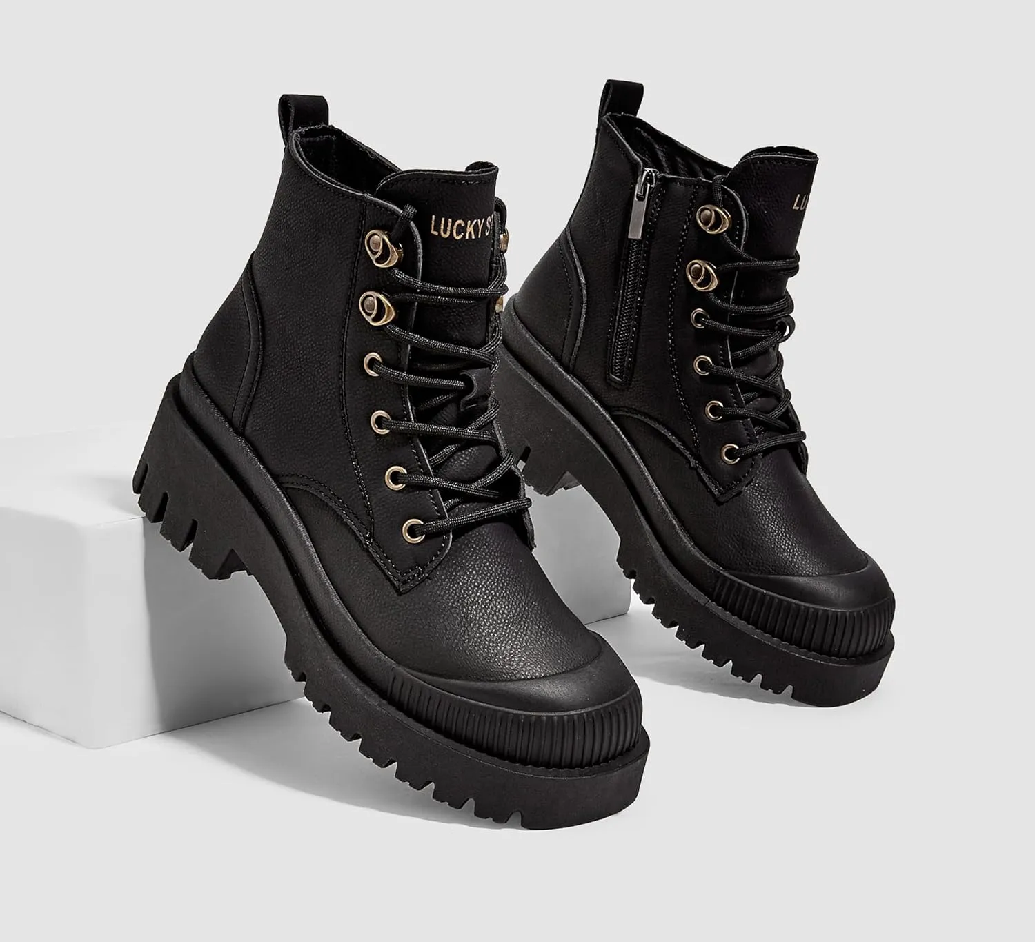 LUCKY STEP Women's Platform Ankle Boots Zipper Fashion Combat Thick Lug Sole Durable Chunky Wedge Booties Shoes
