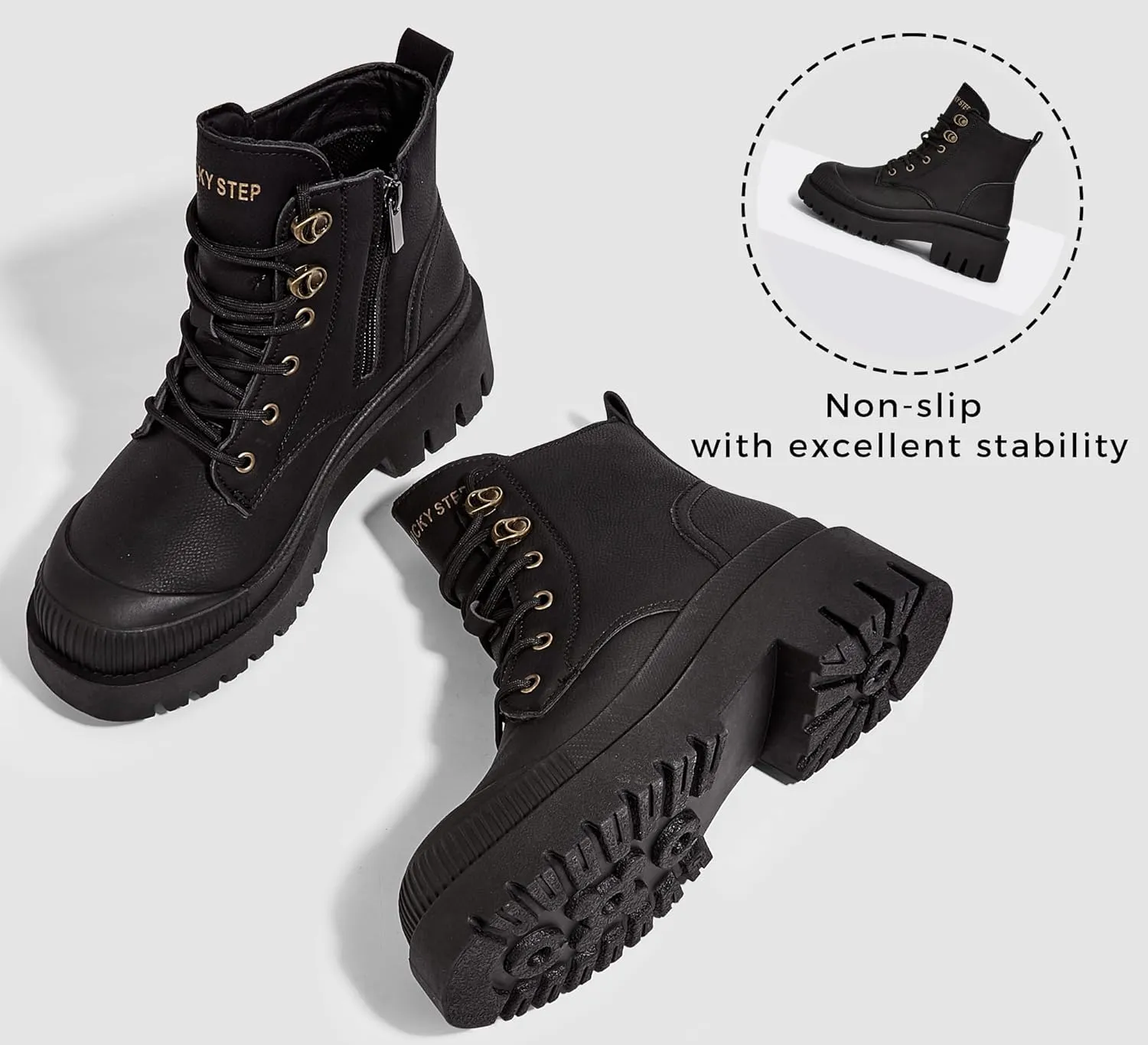 LUCKY STEP Women's Platform Ankle Boots Zipper Fashion Combat Thick Lug Sole Durable Chunky Wedge Booties Shoes