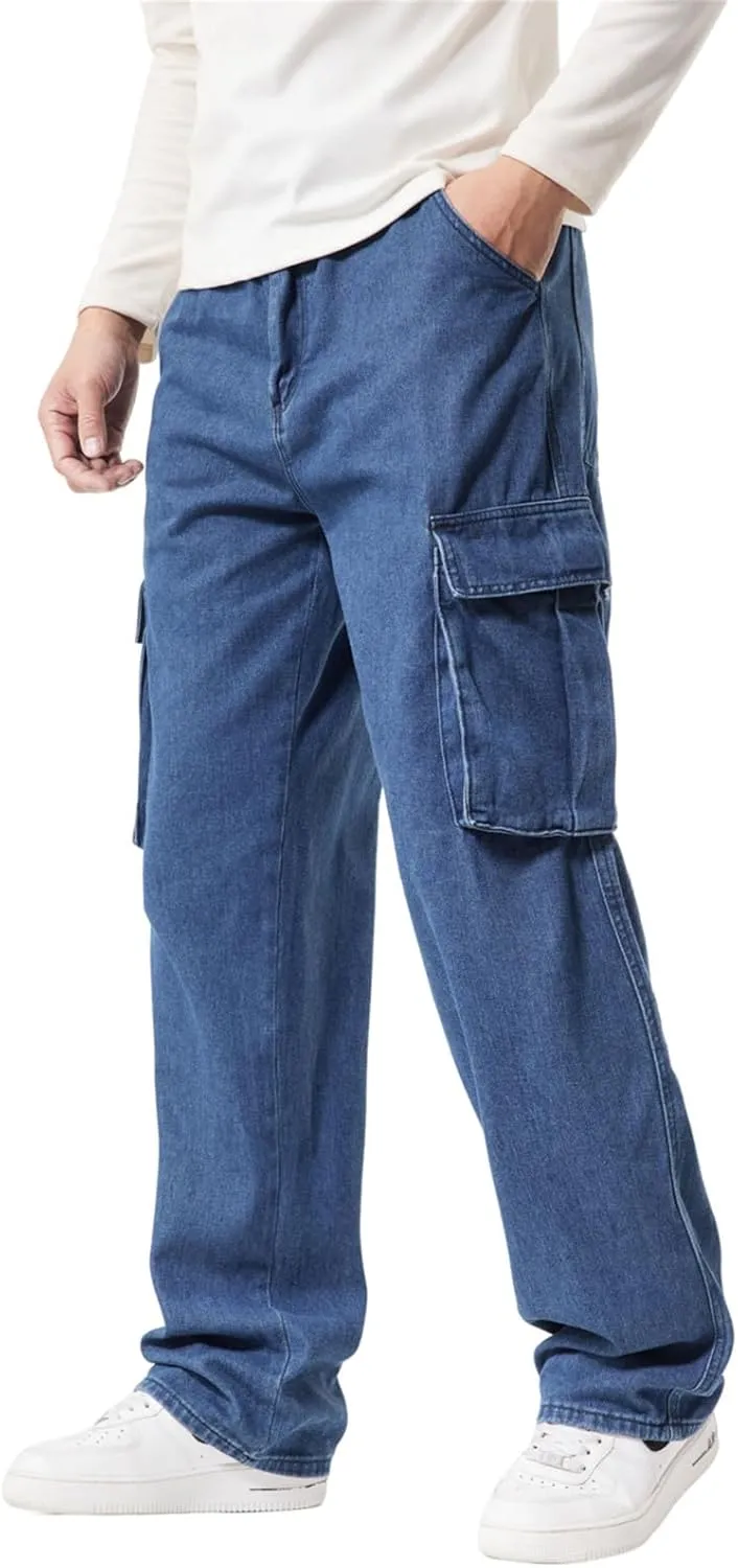 LUOBANIU Men’s Baggy Cargo Jeans Pants Casual Loose Hip Hop Denim Work Pants Jeans with Cargo Pockets