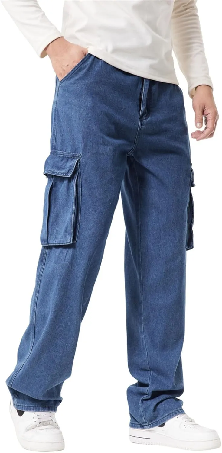 LUOBANIU Men’s Baggy Cargo Jeans Pants Casual Loose Hip Hop Denim Work Pants Jeans with Cargo Pockets