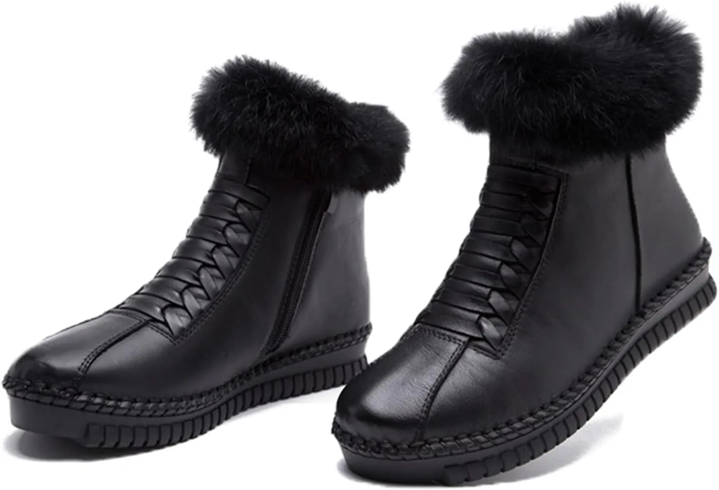 Lymphvity Women's Cowhide Unique Strap Winter Snow Boots Faux Fur Lined Warm Ankle Boots Side Zipper Outdoor Cold Thickening Comfortable Booties