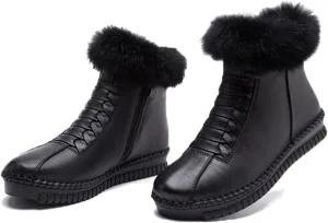 Lymphvity Women's Cowhide Unique Strap Winter Snow Boots Faux Fur Lined Warm Ankle Boots Side Zipper Outdoor Cold Thickening Comfortable Booties