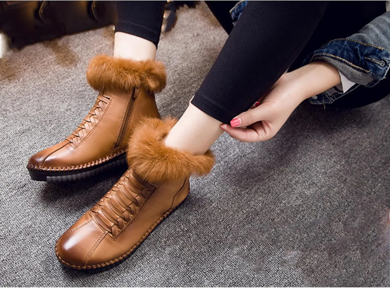 Lymphvity Women's Cowhide Unique Strap Winter Snow Boots Faux Fur Lined Warm Ankle Boots Side Zipper Outdoor Cold Thickening Comfortable Booties
