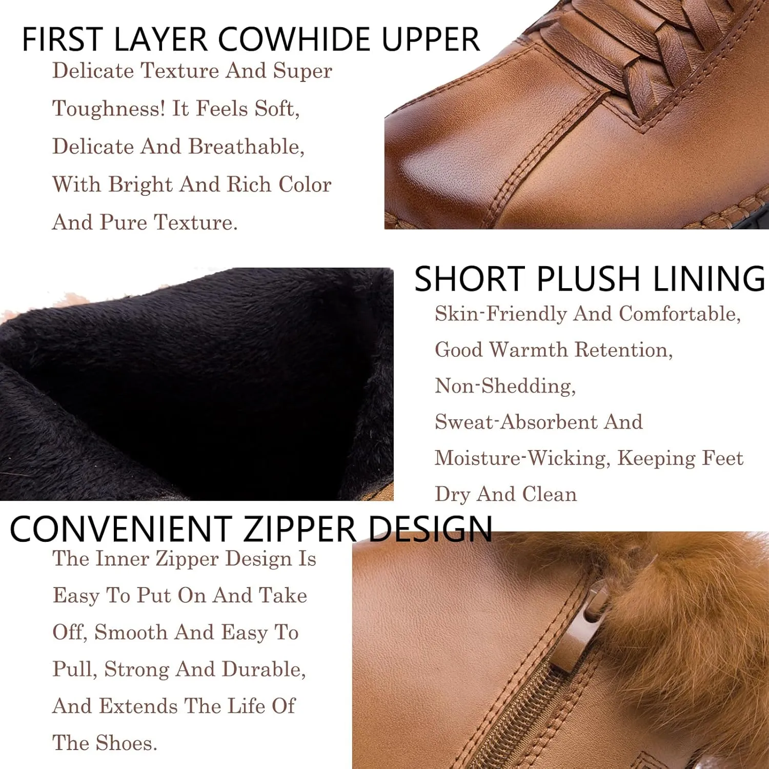 Lymphvity Women's Cowhide Unique Strap Winter Snow Boots Faux Fur Lined Warm Ankle Boots Side Zipper Outdoor Cold Thickening Comfortable Booties