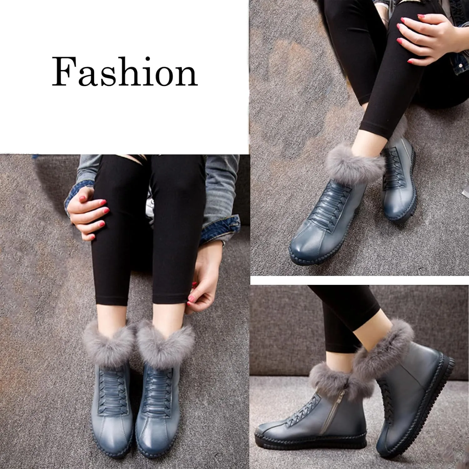 Lymphvity Women's Cowhide Unique Strap Winter Snow Boots Faux Fur Lined Warm Ankle Boots Side Zipper Outdoor Cold Thickening Comfortable Booties
