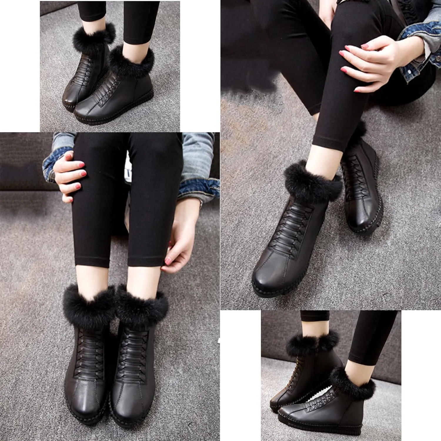 Lymphvity Women's Cowhide Unique Strap Winter Snow Boots Faux Fur Lined Warm Ankle Boots Side Zipper Outdoor Cold Thickening Comfortable Booties