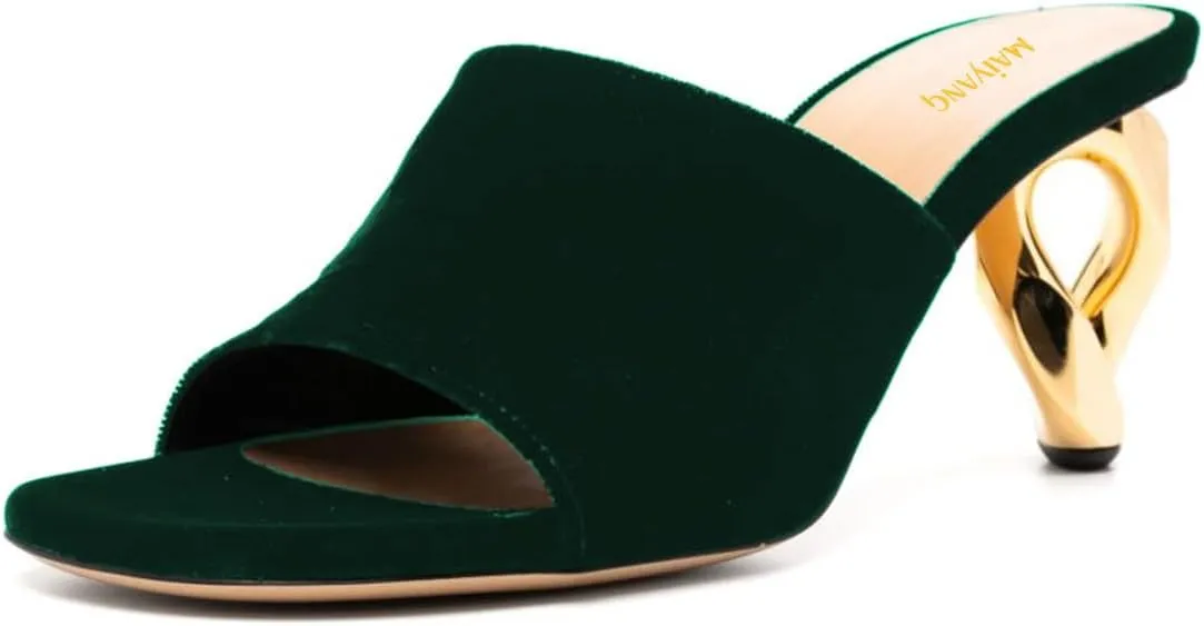 Maiyang Women Chic Mid Heel Slip on Velvet Mules Open Toe Slide Sandals Stylish Summer Casual Dress Shoes Size 4-16 US