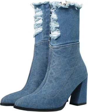 MAVMAX Denim Ankle Boots for Women Pointed Toe Chunky High Heel Jeans Denim Blue Short Mid Calf Booties with Side Zipper