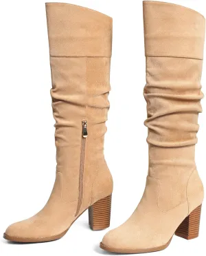 MeiLuSi Women's Slouchy Knee High Boots Suede Fall Boots Round Toe Chunky Heel Boots Warm Winter Boots Wide Calf Boots Outdoor Side Zipper