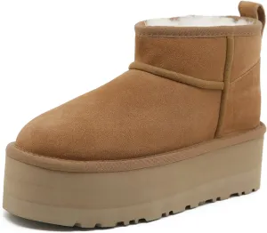 Mel&Syd 100% Australian Sheepskin Boots Womens - Upgraded Memory Foam Insole Waterproof Suede Ultra Mini Boots - Anti-Slip Comfy Winter Shearling Boots for Womens - Ankle Platform Snow Boots for Women