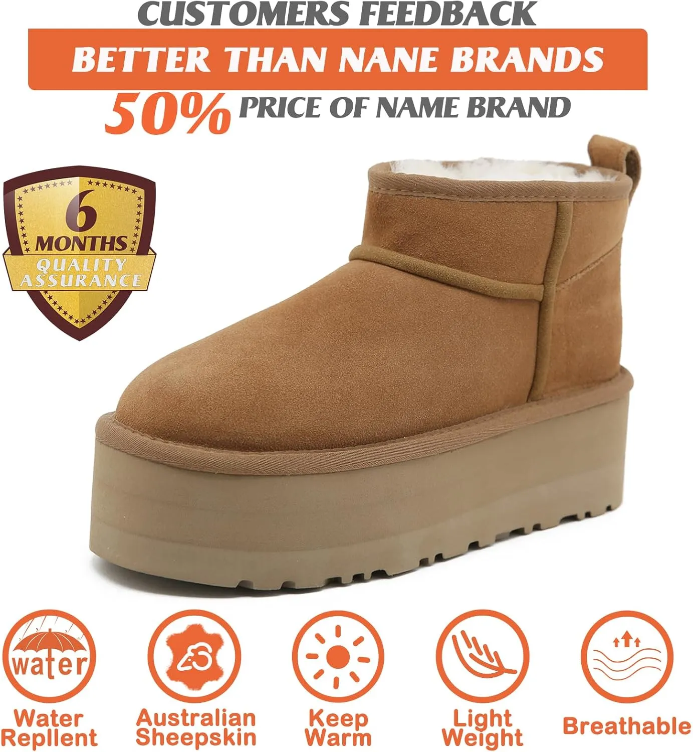 Mel&Syd 100% Australian Sheepskin Boots Womens - Upgraded Memory Foam Insole Waterproof Suede Ultra Mini Boots - Anti-Slip Comfy Winter Shearling Boots for Womens - Ankle Platform Snow Boots for Women