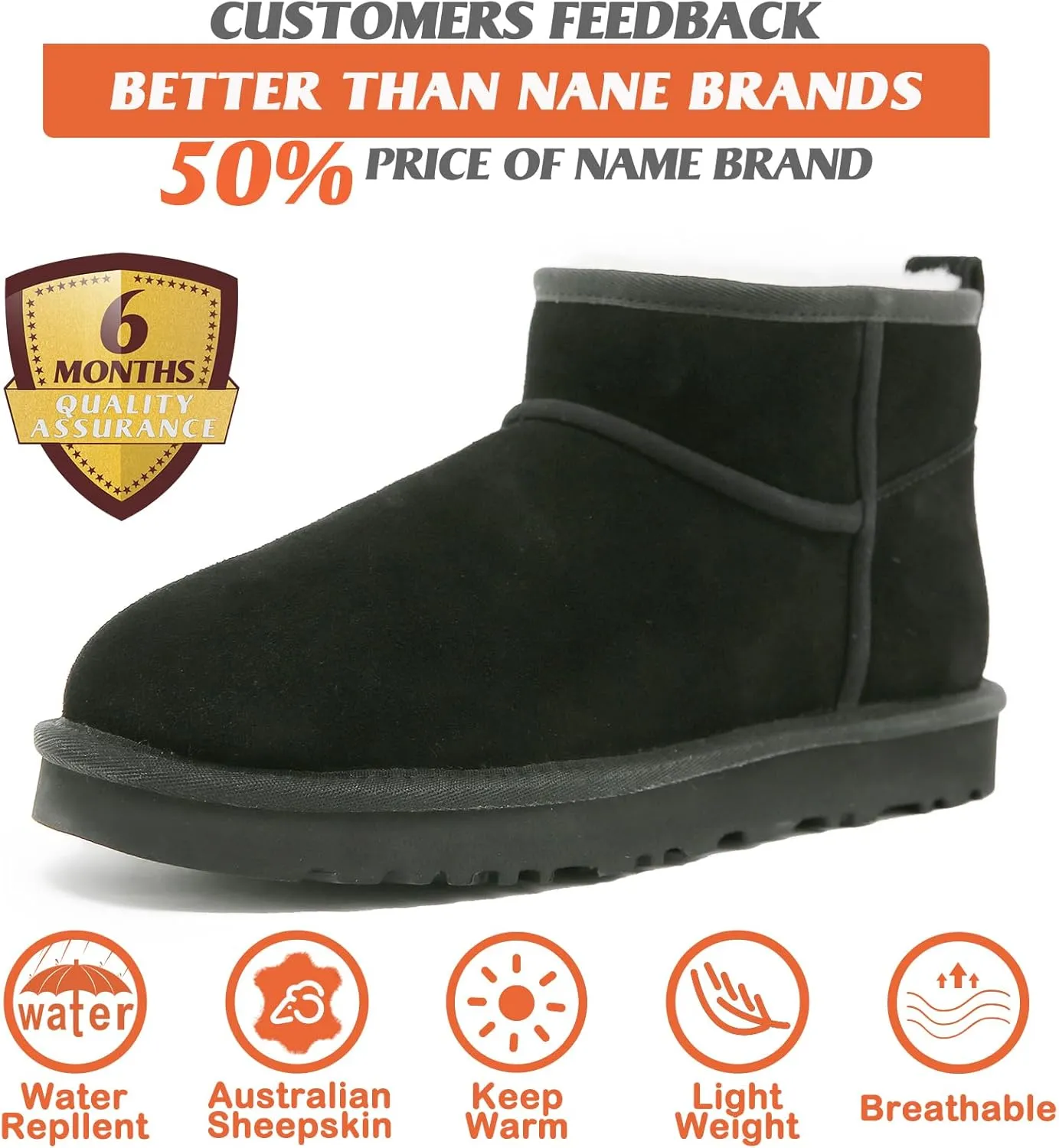 Mel&Syd 100% Australian Sheepskin Boots Womens - Upgraded Memory Foam Insole Waterproof Suede Ultra Mini Boots - Anti-Slip Comfy Winter Shearling Boots for Womens - Ankle Platform Snow Boots for Women