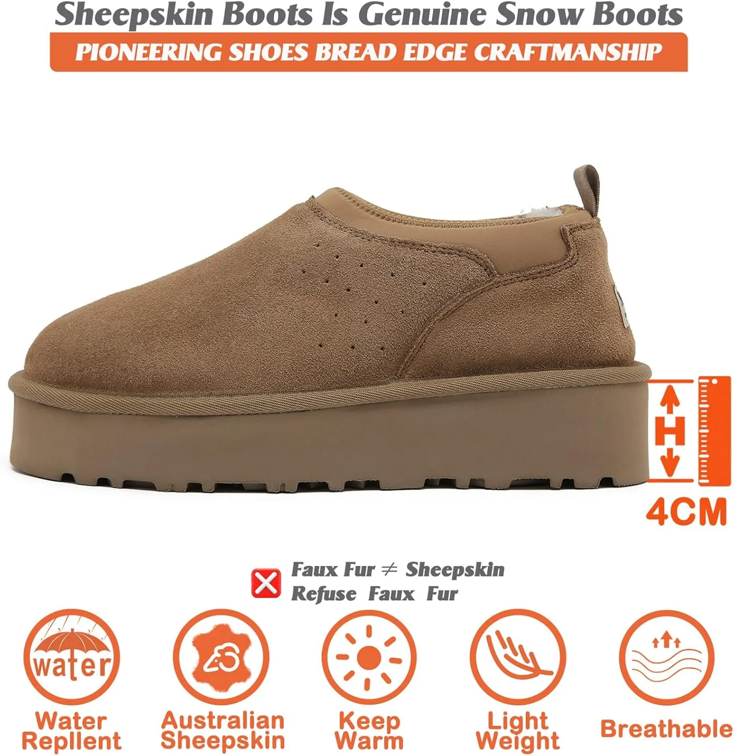 Mel&Syd 100% Australian Sheepskin Ultra Mini Boots for Women - Waterproof Shearling Lined Platform Snow Boots - Ankle High Barefoot Cozy Fur Short Ladies Winter Boots With Memory Foam Shoes Outdoor