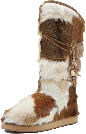 Mel&Syd Sheepskin Boots Snow Warm Long Fox Fur Tassel Winter Boots High Calf Booties for Womens Girls Genuine Fur Round Toe Shearling Casual Versatile Knee High Flat Outdoor Shoes