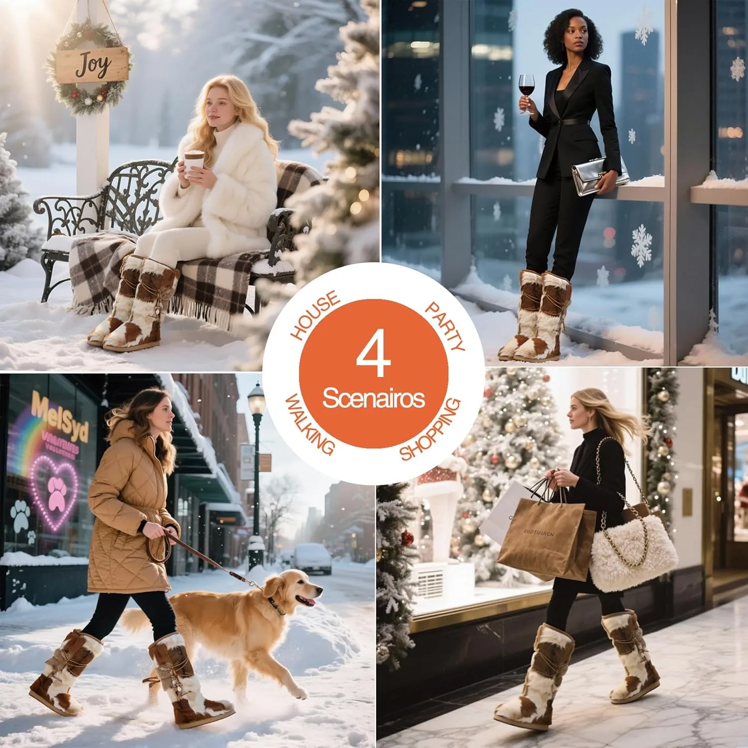 Mel&Syd Sheepskin Boots Snow Warm Long Fox Fur Tassel Winter Boots High Calf Booties for Womens Girls Genuine Fur Round Toe Shearling Casual Versatile Knee High Flat Outdoor Shoes