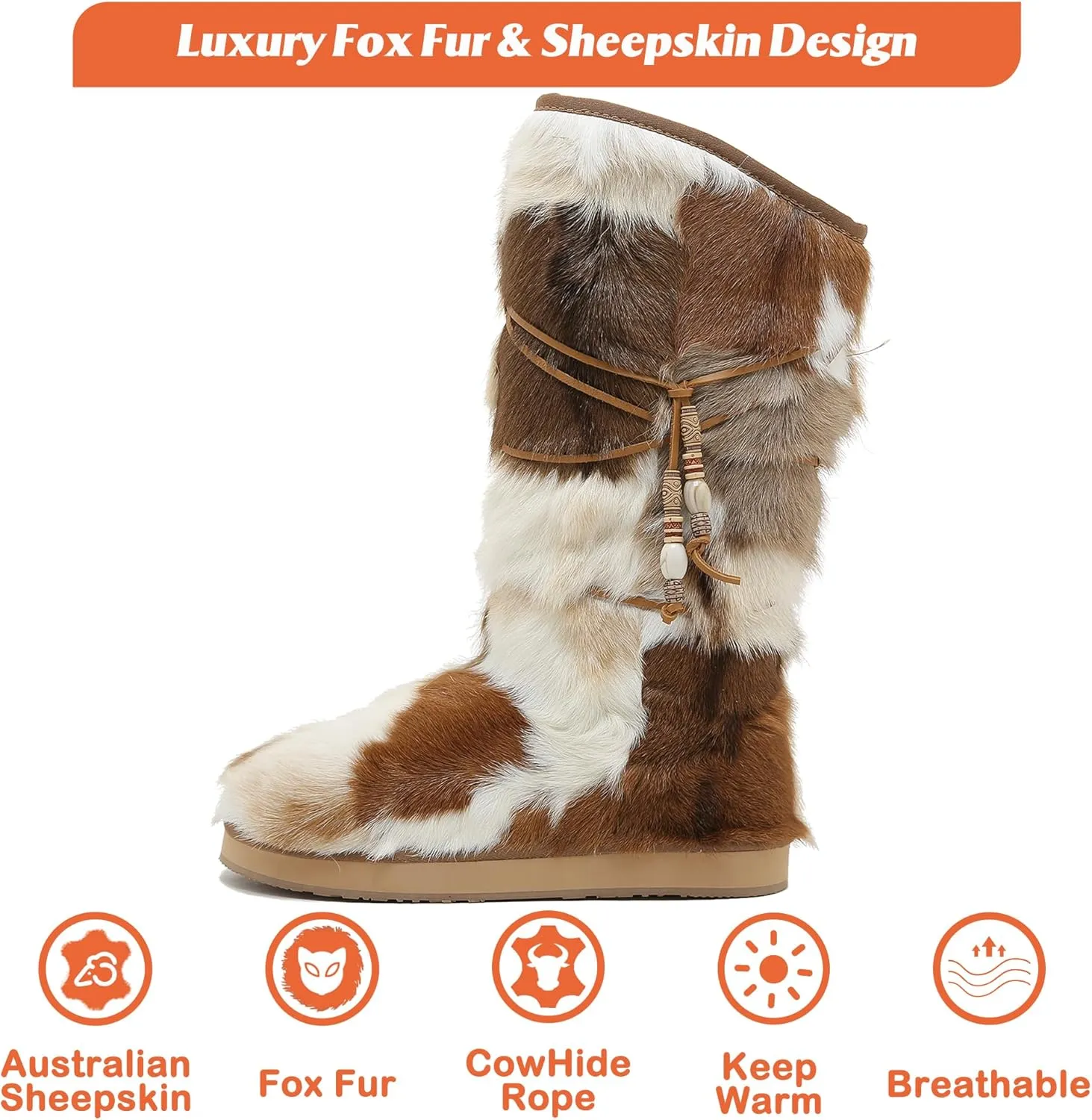 Mel&Syd Sheepskin Boots Snow Warm Long Fox Fur Tassel Winter Boots High Calf Booties for Womens Girls Genuine Fur Round Toe Shearling Casual Versatile Knee High Flat Outdoor Shoes