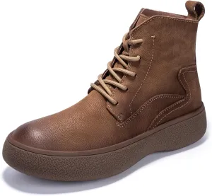 Men Lace Up Cowboy Boots, Genuine Leather Casual Fashion Wide Comfortable Durable Western Chelsea Chukka Boots, Round Toe Non-Slip Oxford Rubber Work Shoes Retro Stylich