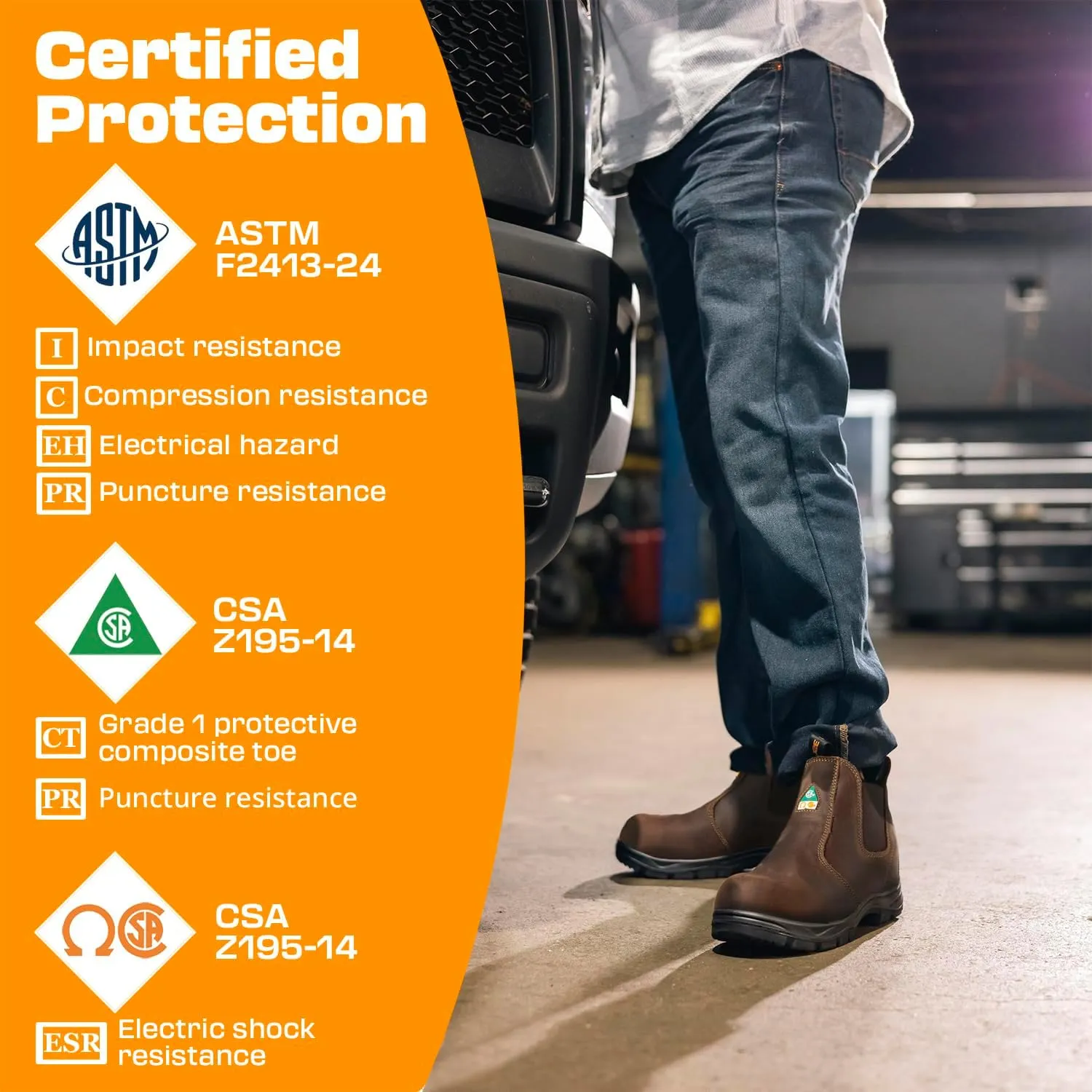 Men's ASTM & CSA Certified Composite Toe Chelsea Work Boots – 100% Leather, Lightweight, I/C/EH/PR/ESR, Oil/Slip/Heat Resistant, Rubber Outsole, Safety Boots 5666