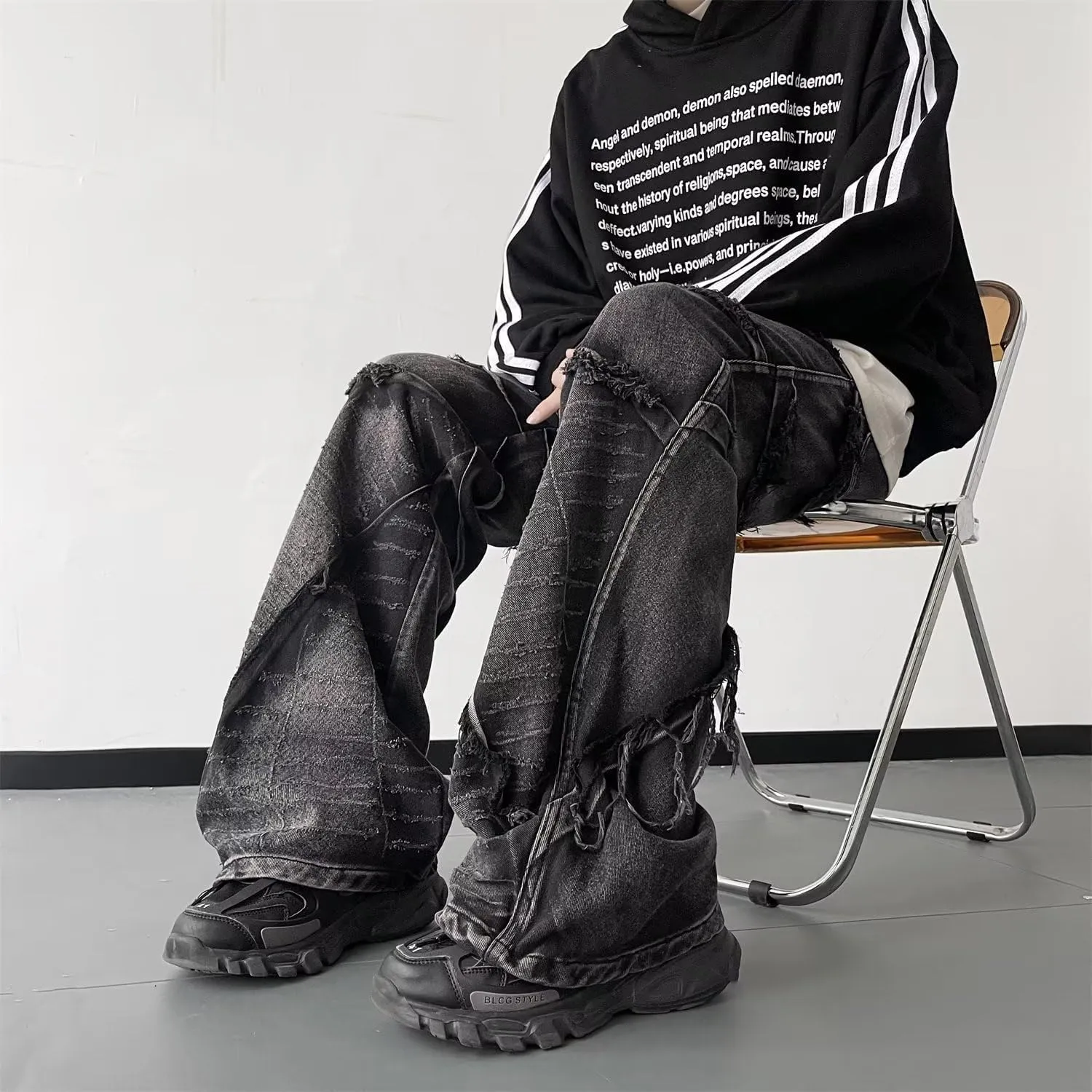 Men's Baggy Jeans Y2k Hip Hop Pants Stacked Jeans for Women Mid Rise Fashion Grunge Streetwear Clothes Black