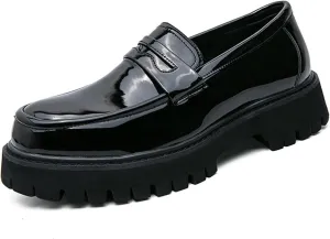 Men's Black Leather Platform Chunky Slip-On Penny Loafers Classic Round Toe Lug Sole Fashion Business Casual Formal Work Shoes