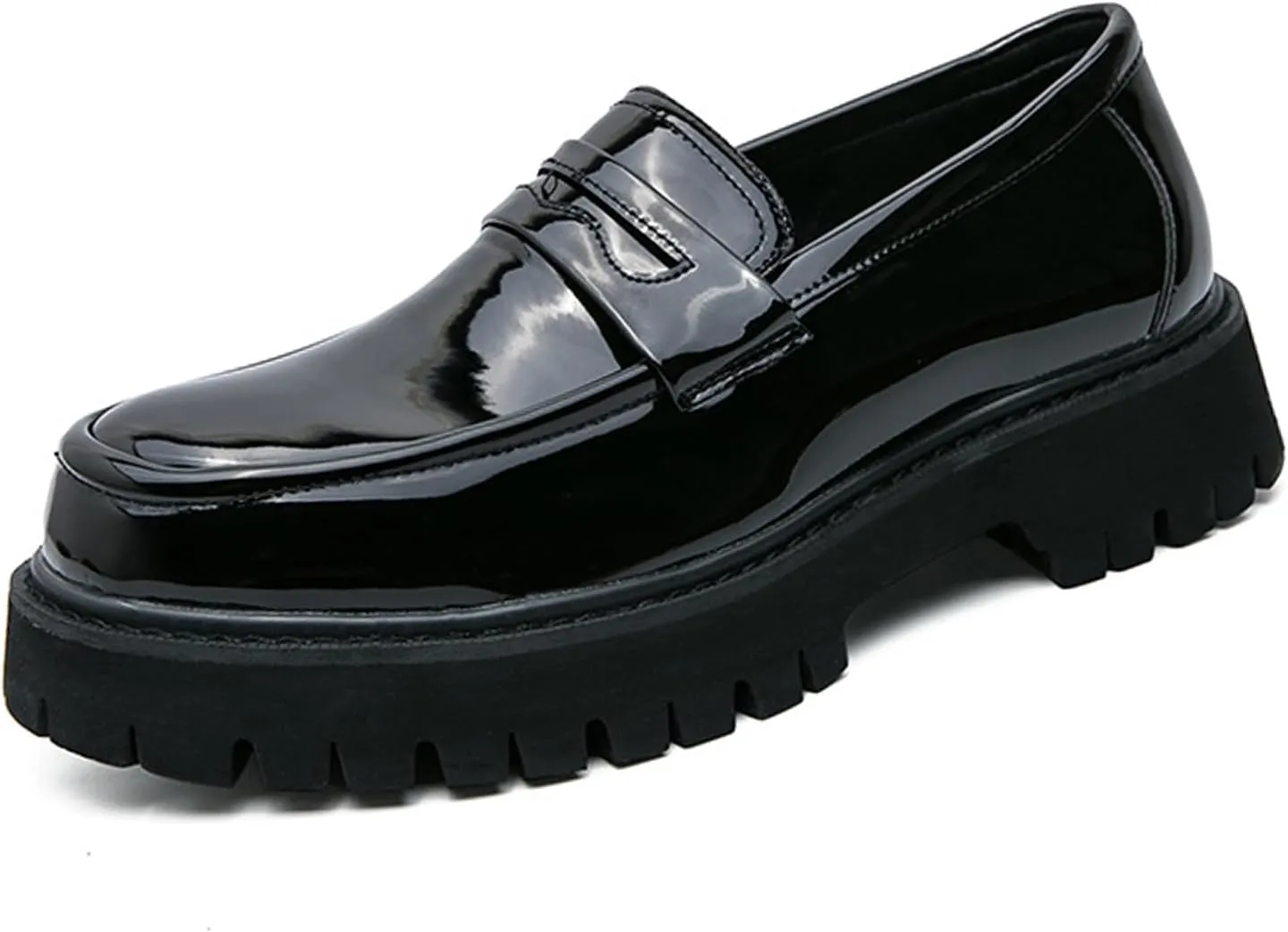 Men's Black Leather Platform Chunky Slip-On Penny Loafers Classic Round Toe Lug Sole Fashion Business Casual Formal Work Shoes
