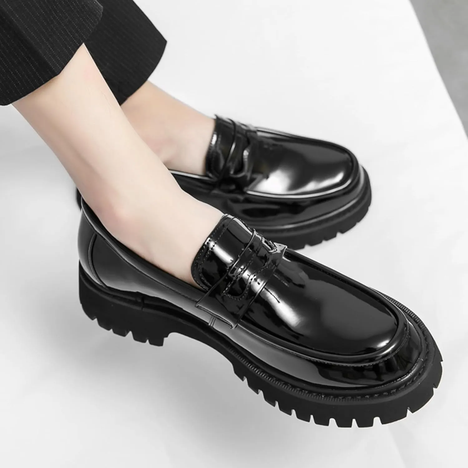 Men's Black Leather Platform Chunky Slip-On Penny Loafers Classic Round Toe Lug Sole Fashion Business Casual Formal Work Shoes