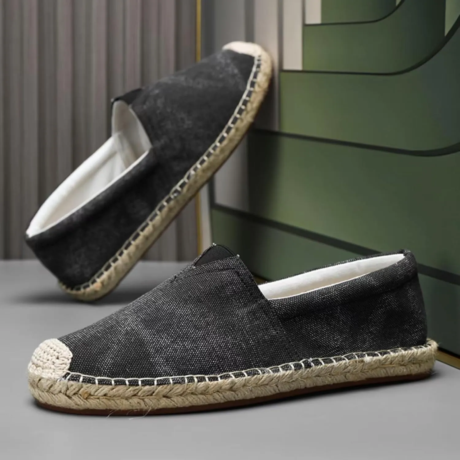 Mens Breathable Canvas Slip-On Espadrilles Loafers Casual Lightweight Flax Cloth Flats Alpargata for Walking Driving Soft Boat Shoes