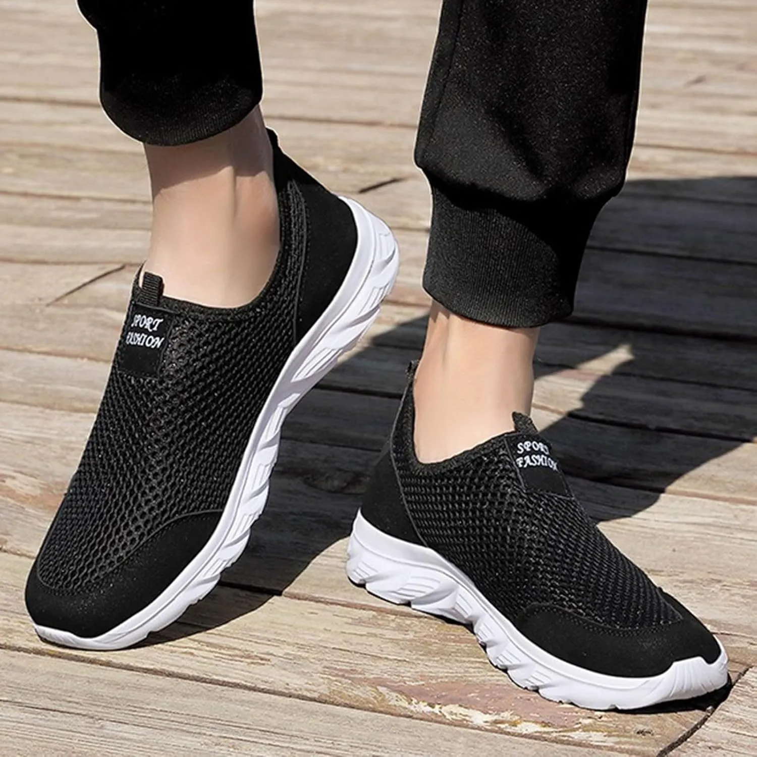 Men's Breathable Mesh Walking Shoes, Comfortable Adjustable Slip on Sneakers for Spring/Summer Daily Wear, Great for Outdoor Travel and City Strolls Fashion Thick Bottom Black Sneaker
