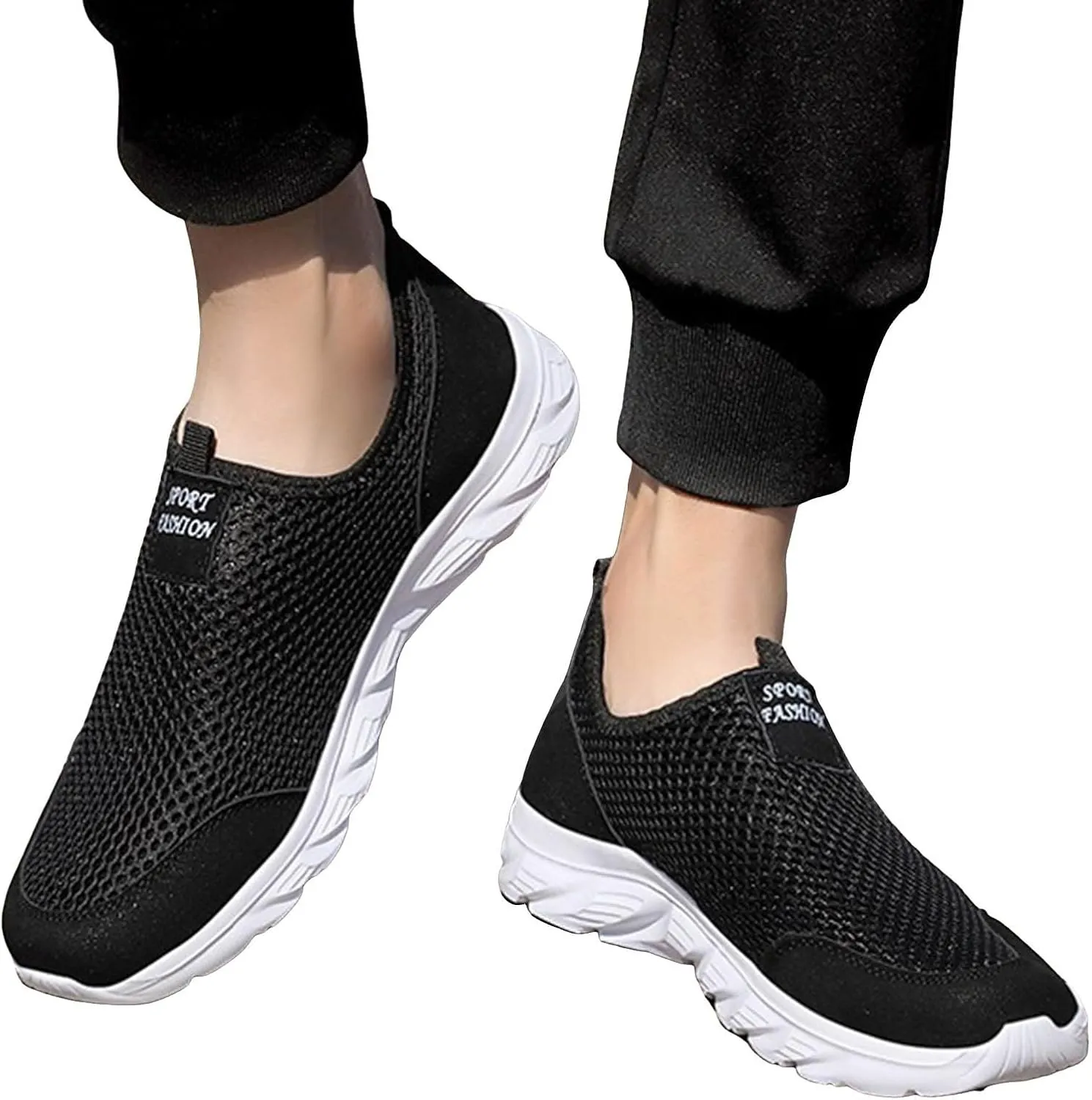 Men's Breathable Mesh Walking Shoes, Comfortable Adjustable Slip on Sneakers for Spring/Summer Daily Wear, Great for Outdoor Travel and City Strolls Fashion Thick Bottom Black Sneaker
