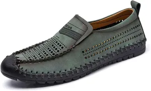 Men's Breathable Perforated Loafers Hand-Stitched Soft Sole Casual Shoes Slip-on Driving Moccasins for Men