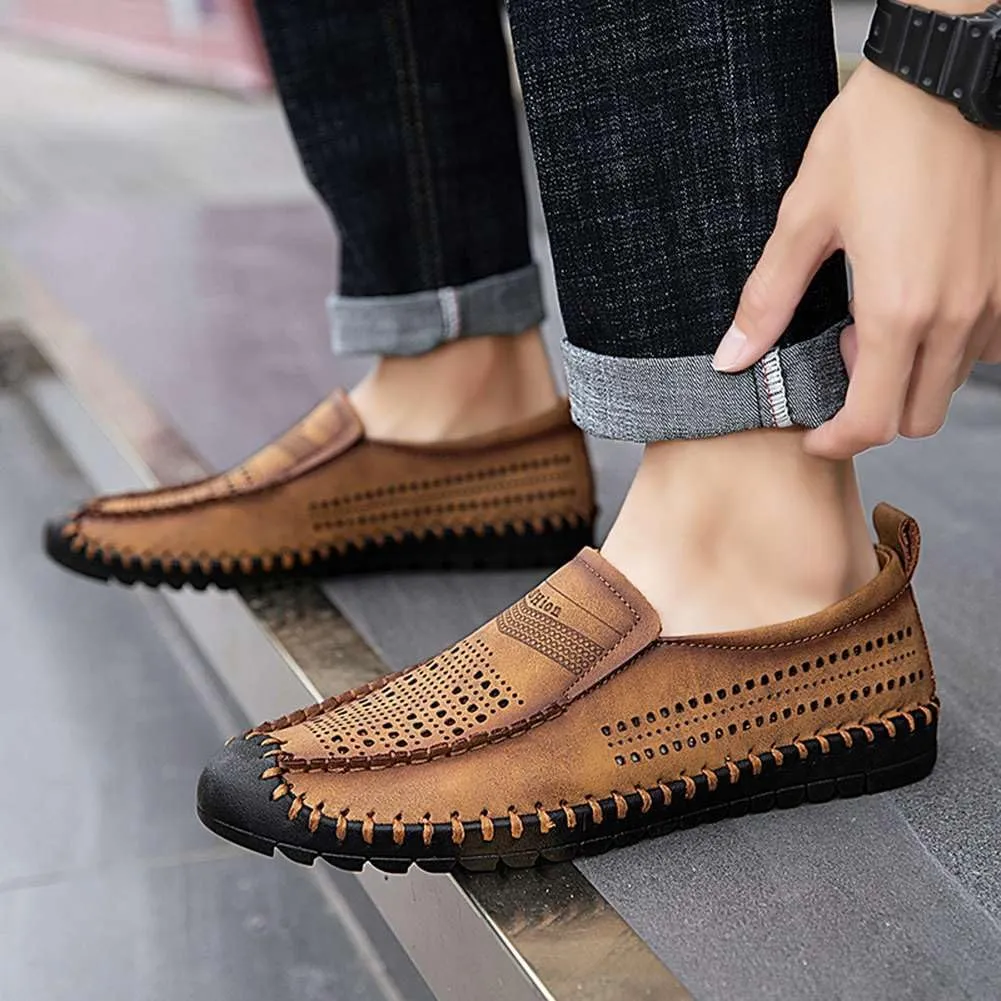 Men's Breathable Perforated Loafers Hand-Stitched Soft Sole Casual Shoes Slip-on Driving Moccasins for Men