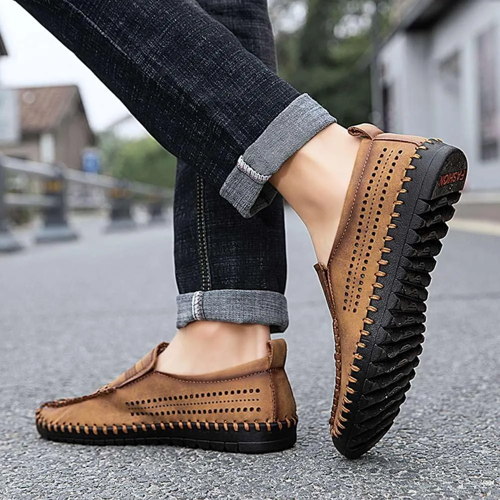 Men's Breathable Perforated Loafers Hand-Stitched Soft Sole Casual Shoes Slip-on Driving Moccasins for Men