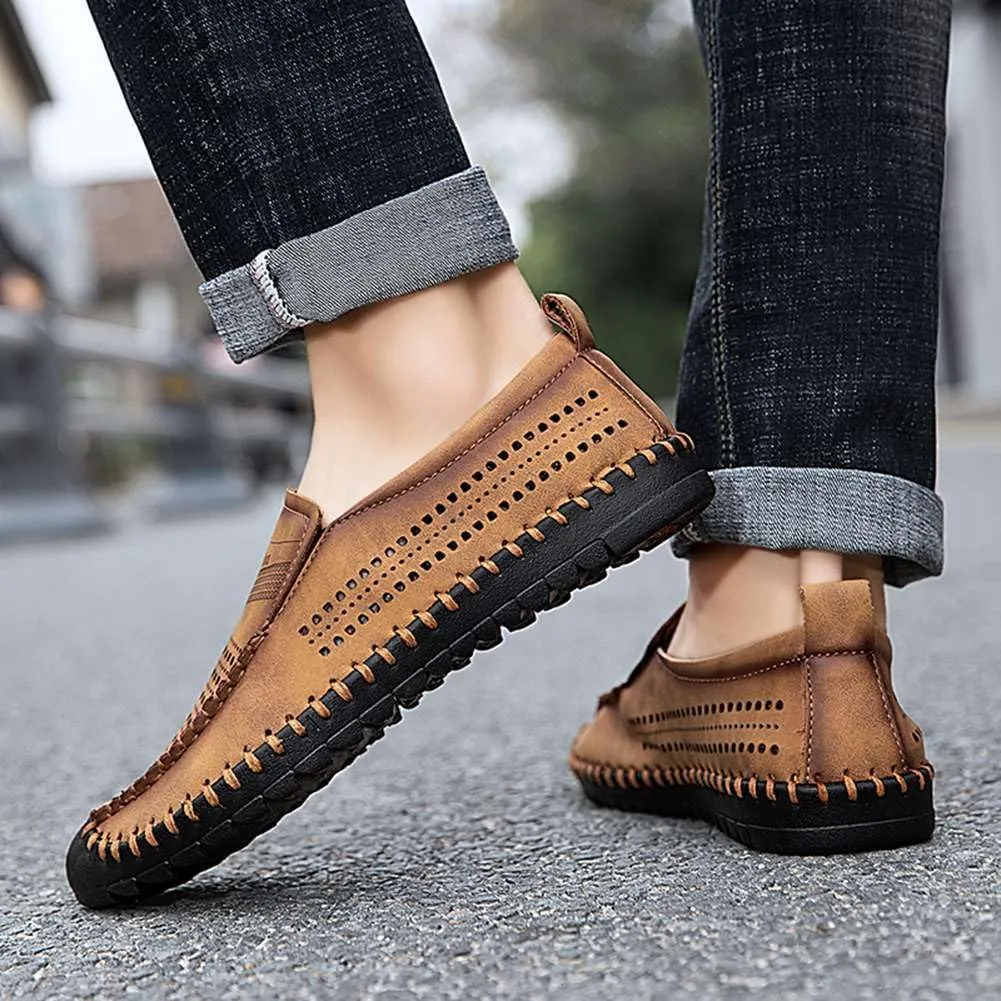 Men's Breathable Perforated Loafers Hand-Stitched Soft Sole Casual Shoes Slip-on Driving Moccasins for Men