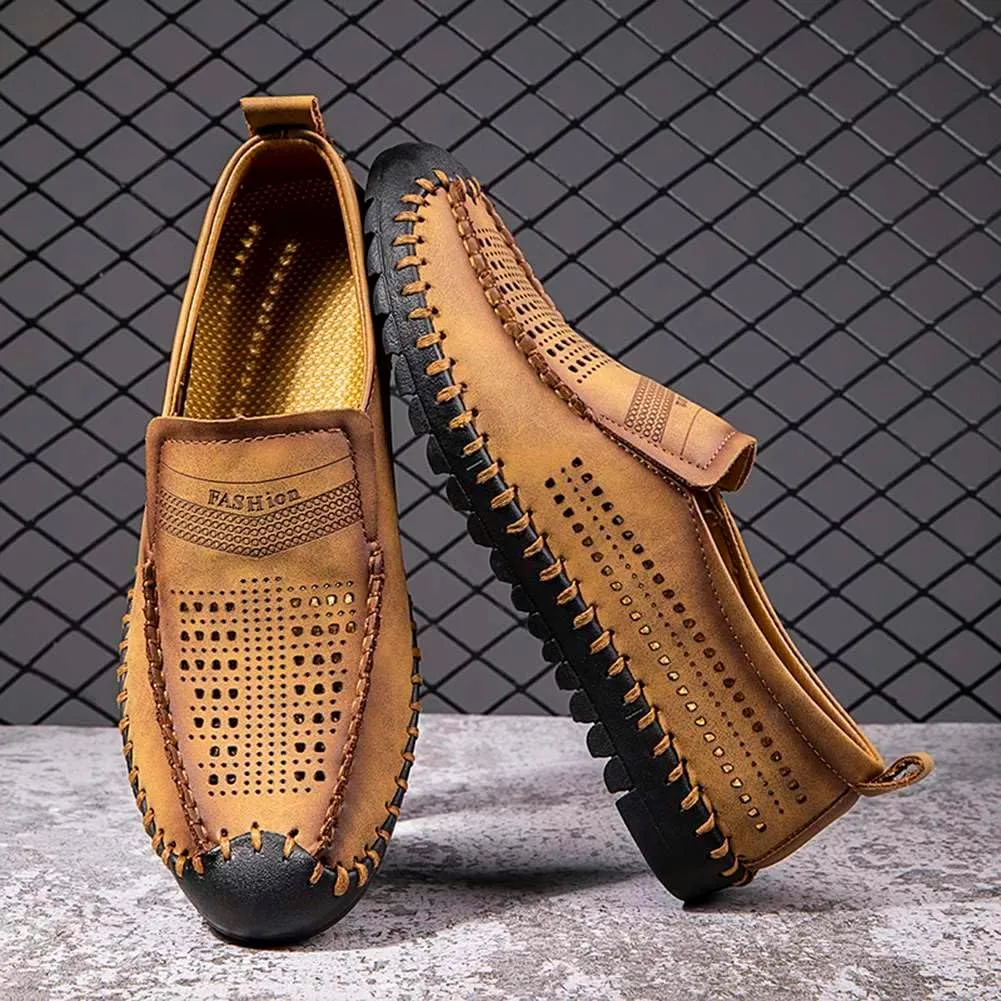 Men's Breathable Perforated Loafers Hand-Stitched Soft Sole Casual Shoes Slip-on Driving Moccasins for Men