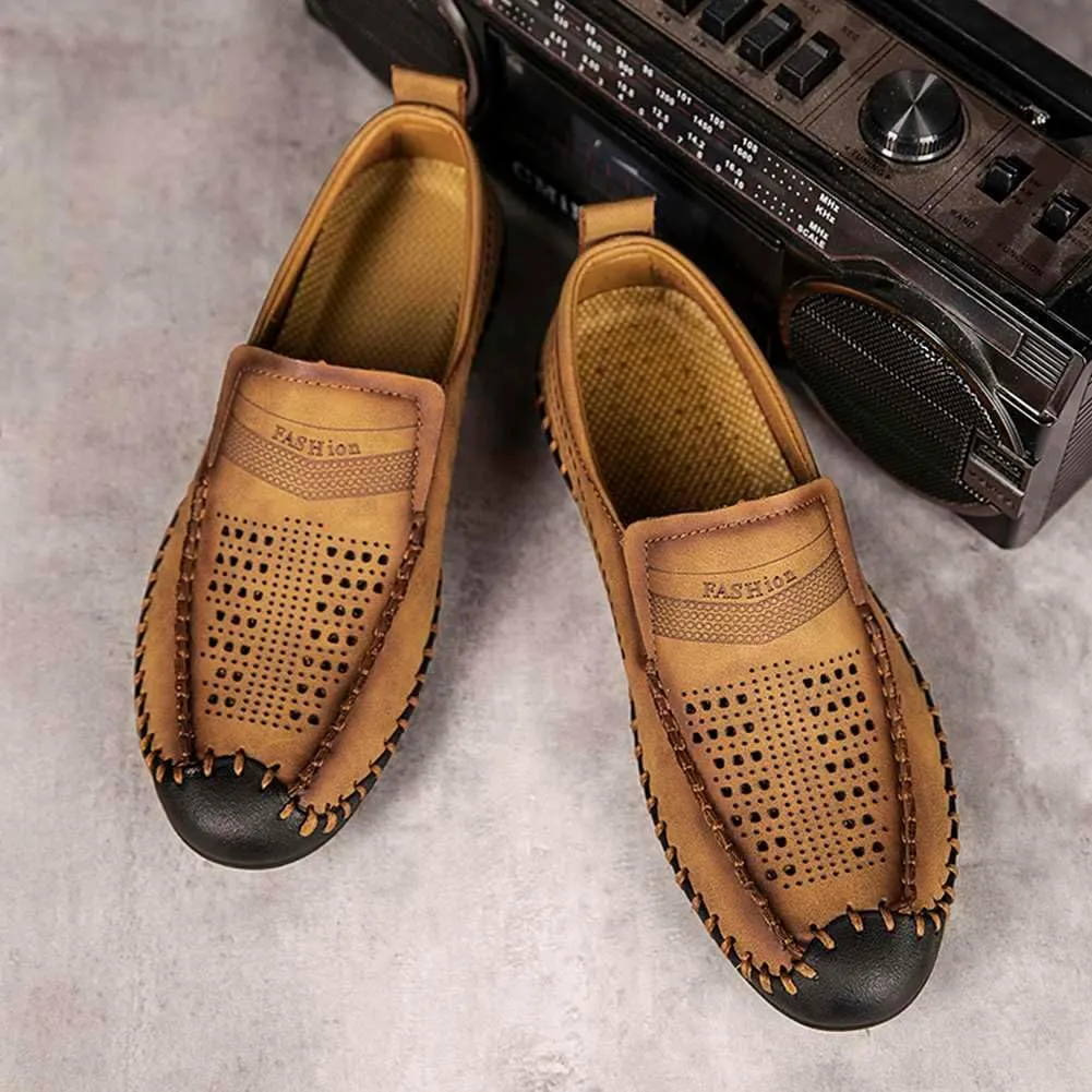 Men's Breathable Perforated Loafers Hand-Stitched Soft Sole Casual Shoes Slip-on Driving Moccasins for Men