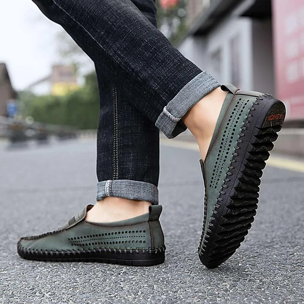Men's Breathable Perforated Loafers Hand-Stitched Soft Sole Casual Shoes Slip-on Driving Moccasins for Men