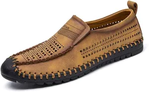 Men's Breathable Perforated Loafers Hand-Stitched Soft Sole Casual Shoes Slip-on Driving Moccasins for Men