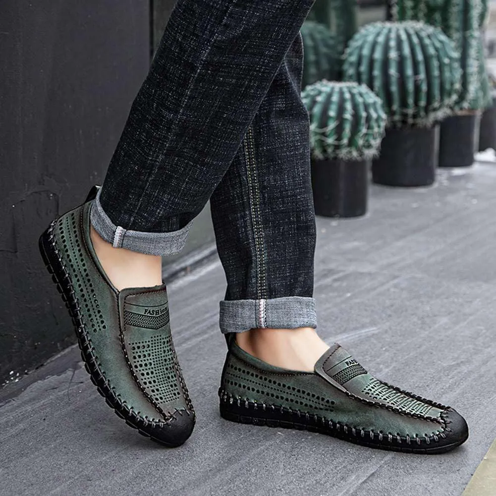 Men's Breathable Perforated Loafers Hand-Stitched Soft Sole Casual Shoes Slip-on Driving Moccasins for Men