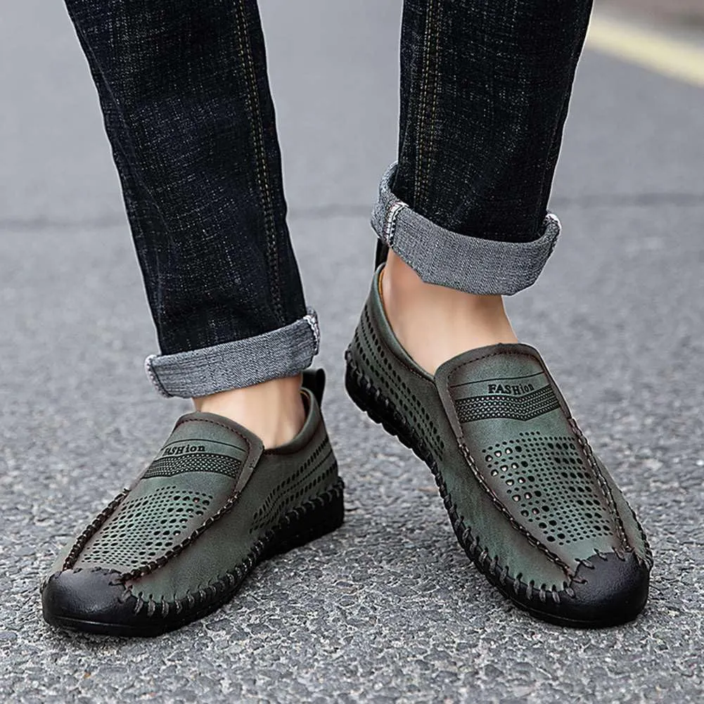 Men's Breathable Perforated Loafers Hand-Stitched Soft Sole Casual Shoes Slip-on Driving Moccasins for Men