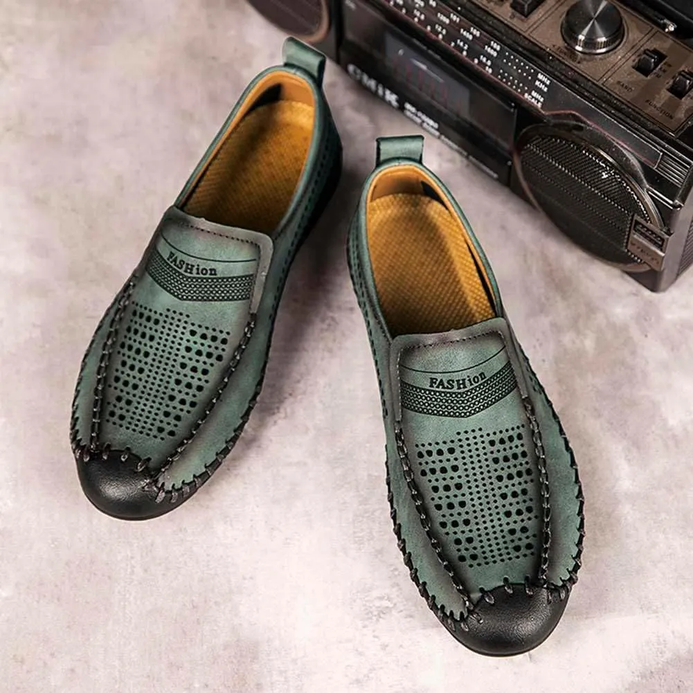 Men's Breathable Perforated Loafers Hand-Stitched Soft Sole Casual Shoes Slip-on Driving Moccasins for Men