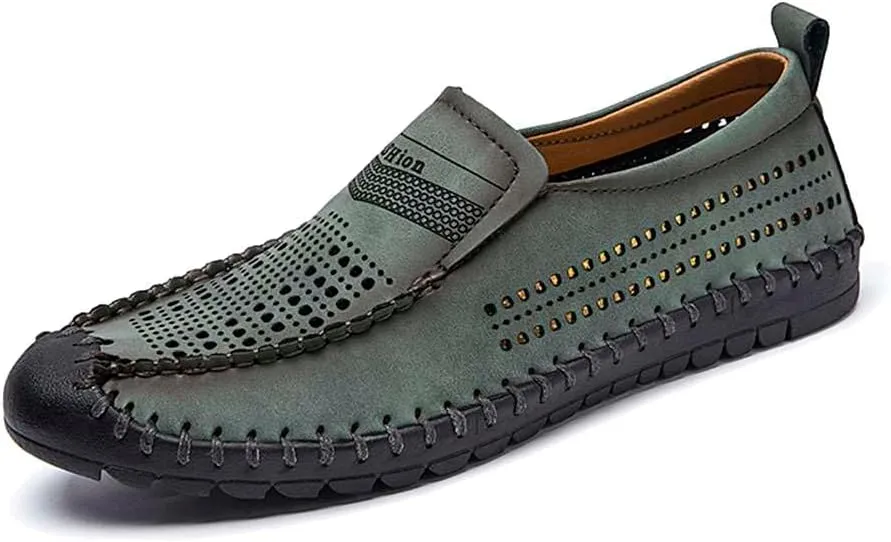 Men's Breathable Perforated Loafers Hand-Stitched Soft Sole Casual Shoes Slip-on Driving Moccasins for Men