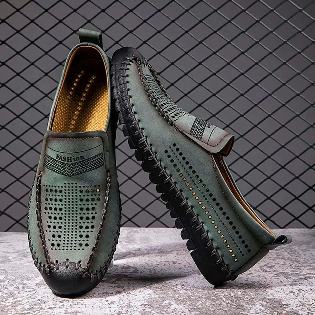 Men's Breathable Perforated Loafers Hand-Stitched Soft Sole Casual Shoes Slip-on Driving Moccasins for Men