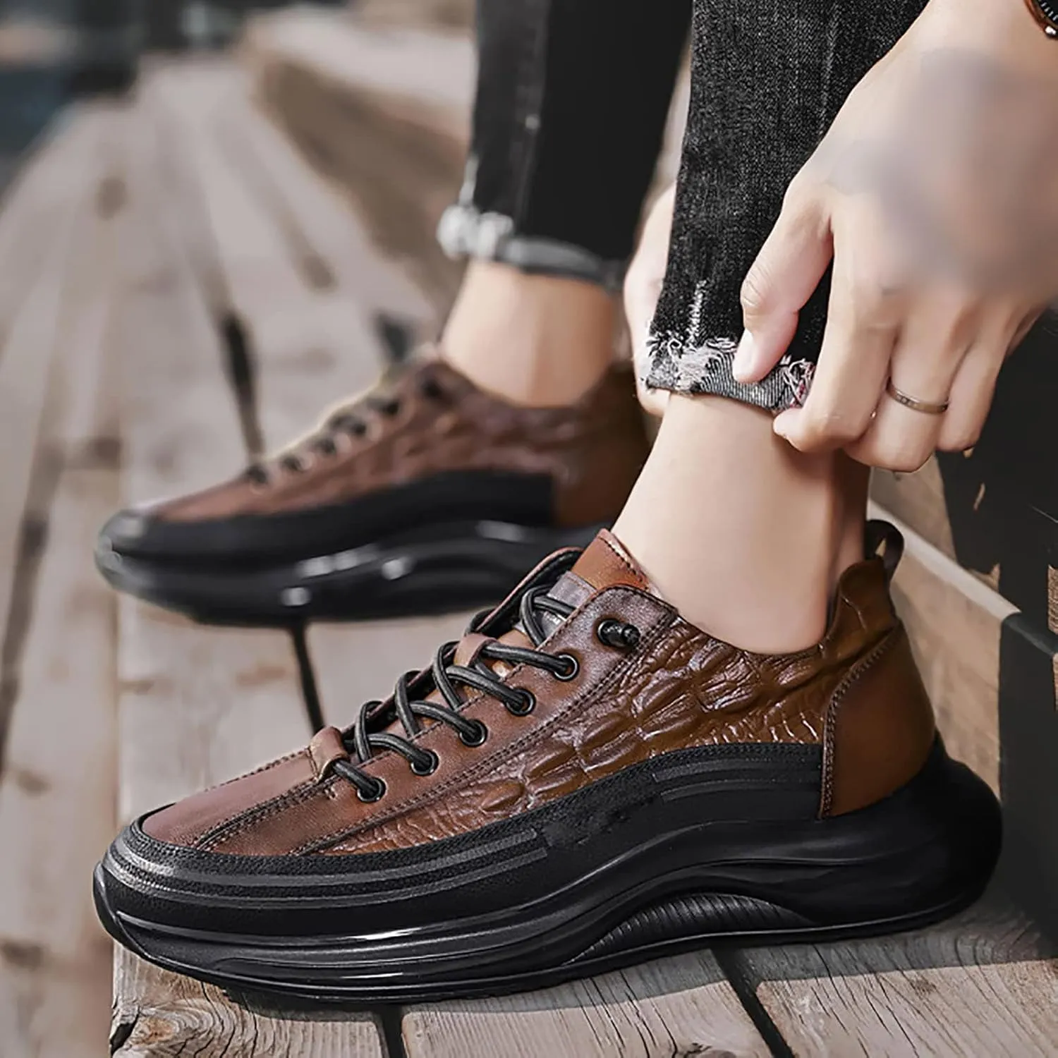 Men's Casual Air Cushion Sneakers, Cowhide Crocodile Print Sneakers, Spring Non-Slip Business Shoes