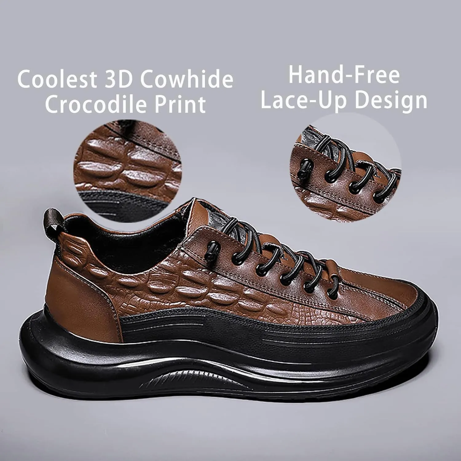Men's Casual Air Cushion Sneakers, Cowhide Crocodile Print Sneakers, Spring Non-Slip Business Shoes