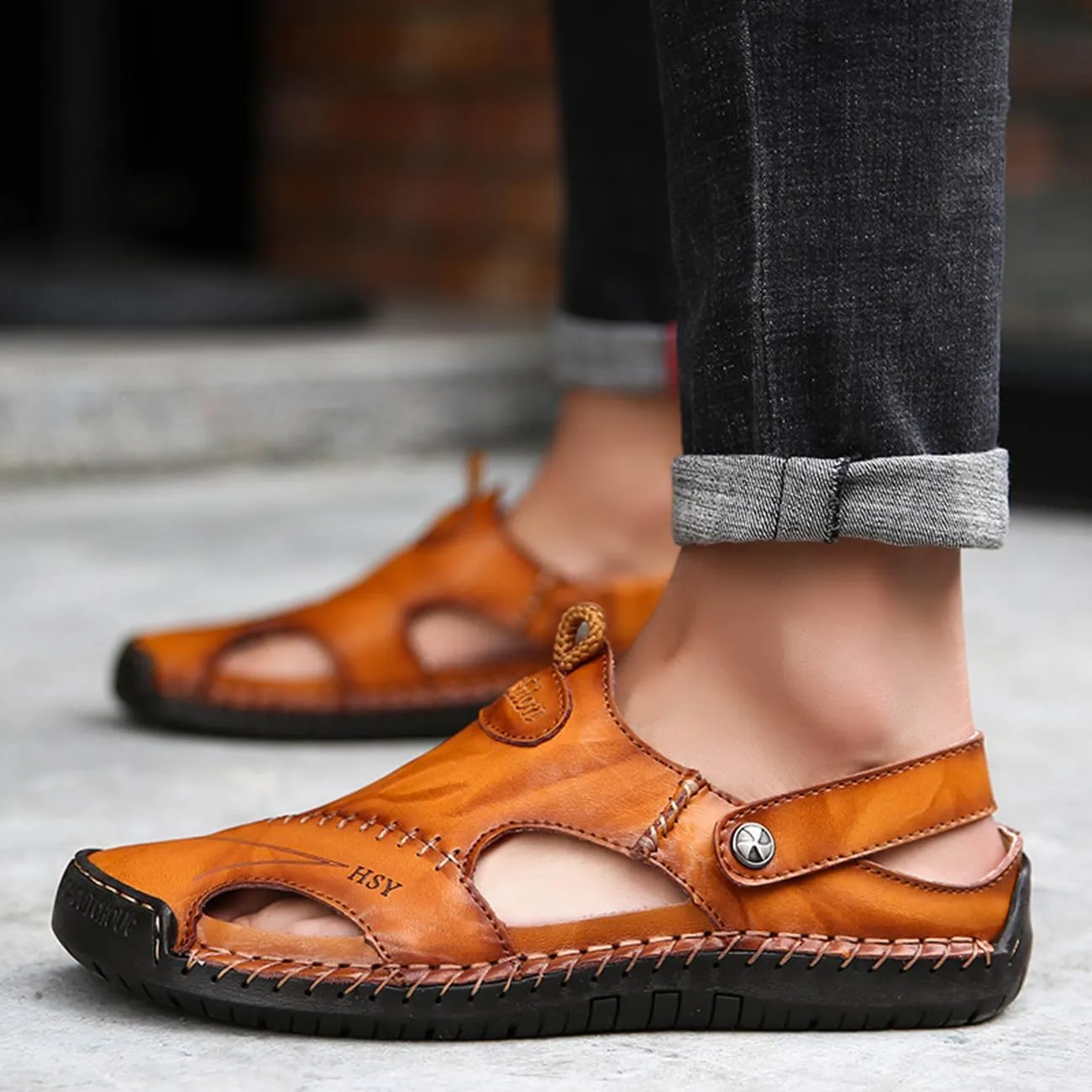 Men's Casual Leather Sandals Closed Toe Anti-Slip Flat Slide Beach Water Shoes for Summer Walking Hiking​​