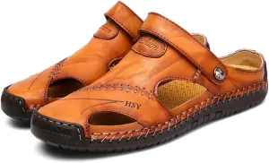 Men's Casual Leather Sandals Closed Toe Anti-Slip Flat Slide Beach Water Shoes for Summer Walking Hiking​​