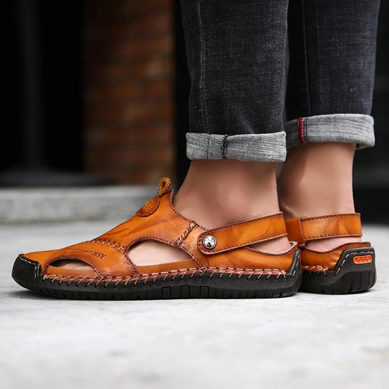 Men's Casual Leather Sandals Closed Toe Anti-Slip Flat Slide Beach Water Shoes for Summer Walking Hiking​​