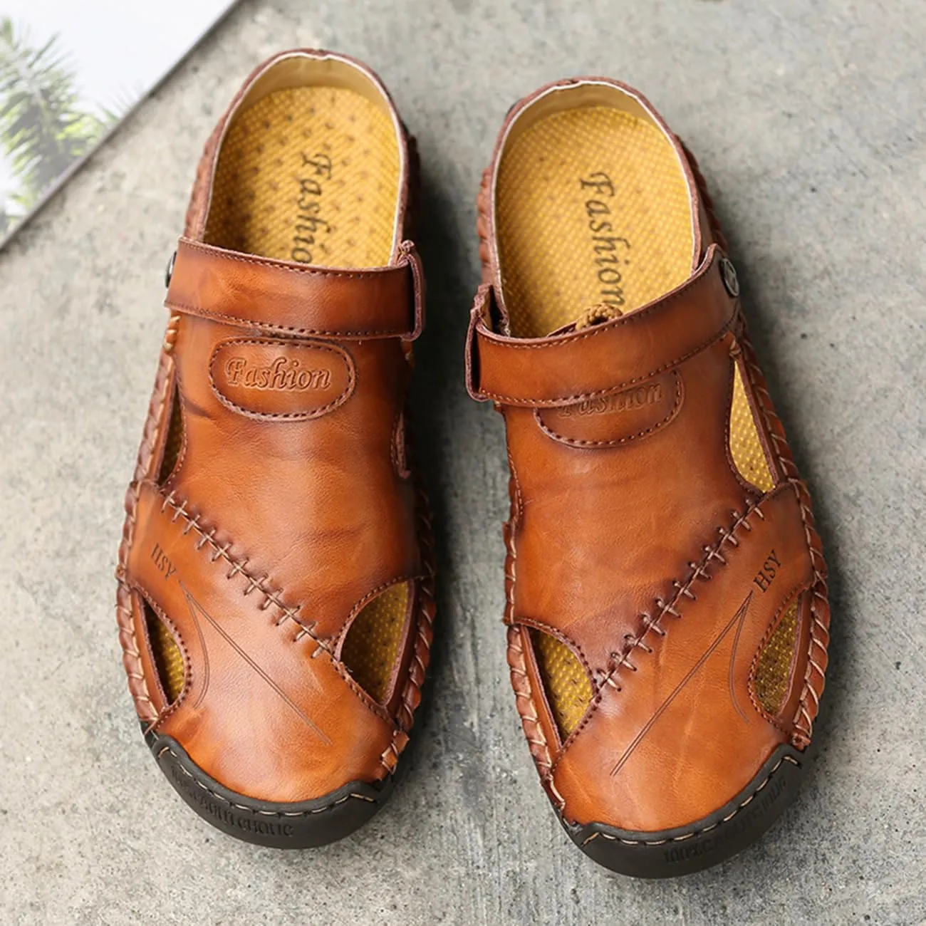 Men's Casual Leather Sandals Closed Toe Anti-Slip Flat Slide Beach Water Shoes for Summer Walking Hiking​​