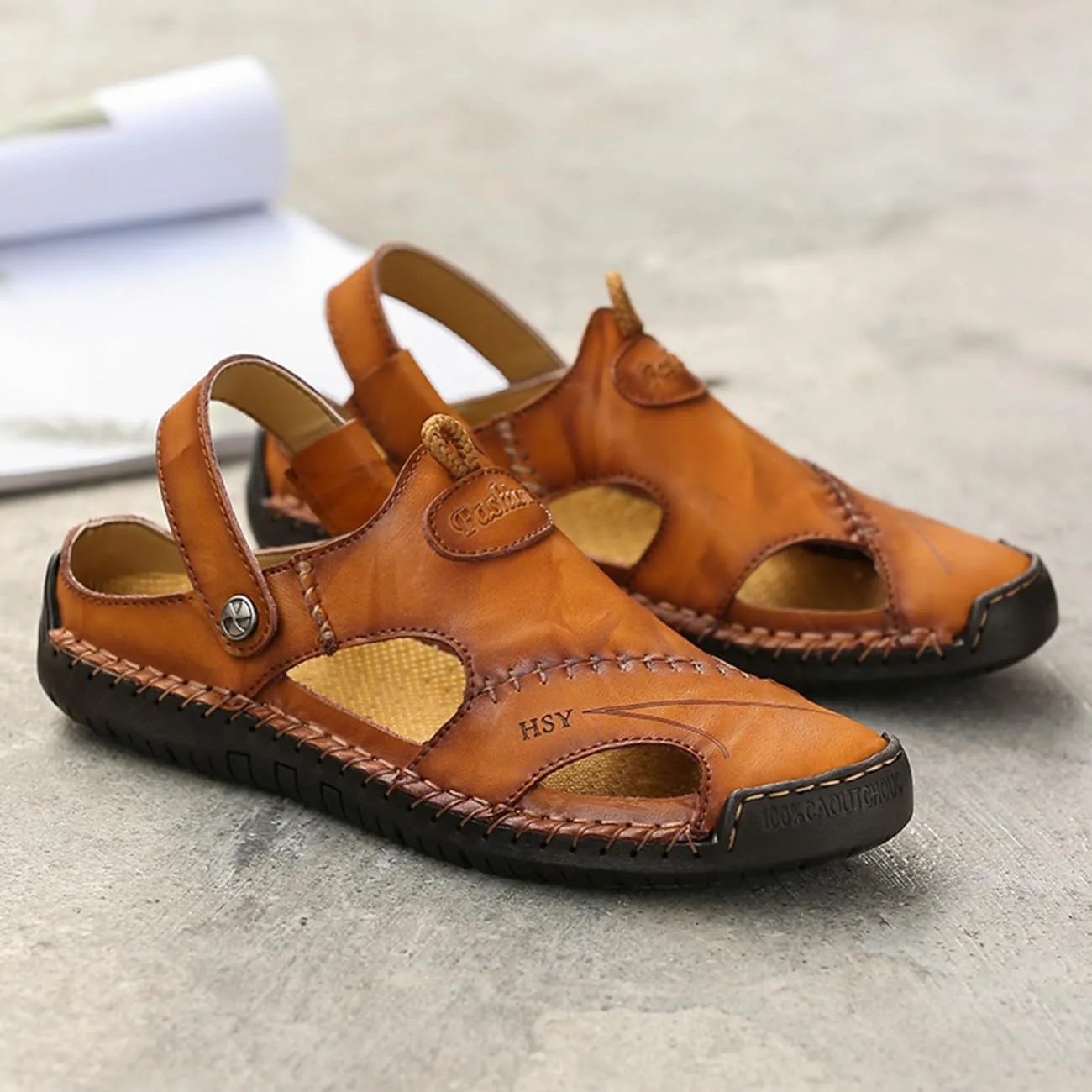Men's Casual Leather Sandals Closed Toe Anti-Slip Flat Slide Beach Water Shoes for Summer Walking Hiking​​
